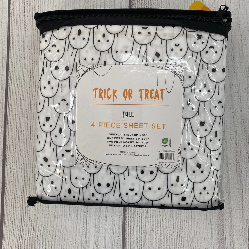 Trick or Treat Ghost Sheet Set FULL White Black Halloween Spooktacular Spooky